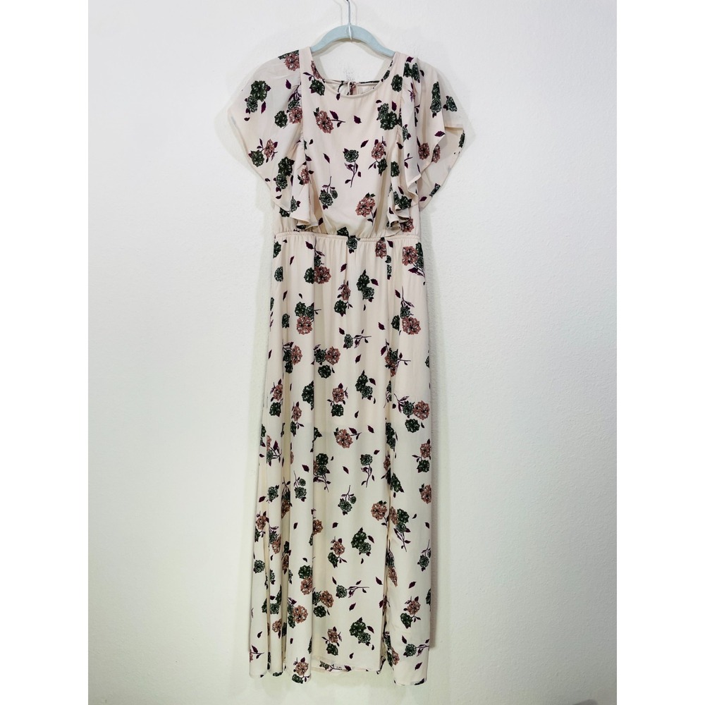 BOHME Maxi Dress‎ Size M Fit & Flare Beige Floral  Flutter Sleeve Open Back 59"